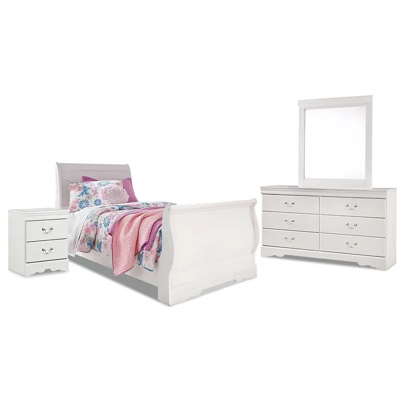 Anarasia Twin Sleigh Bed with Mirrored Dresser and Nightstand