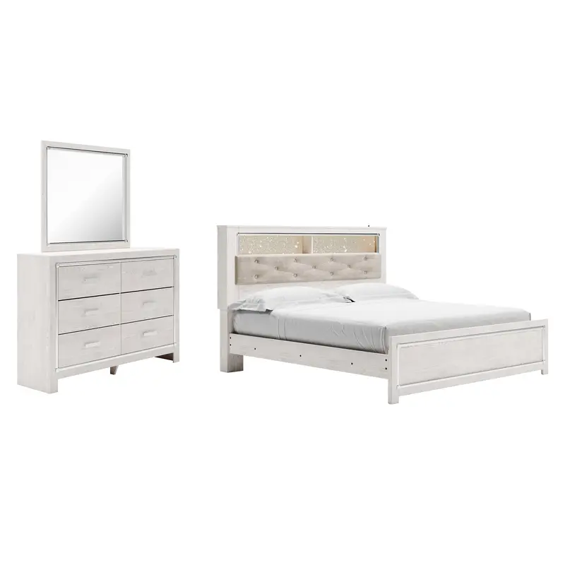 Altyra King Panel Bookcase Bed with Mirrored Dresser