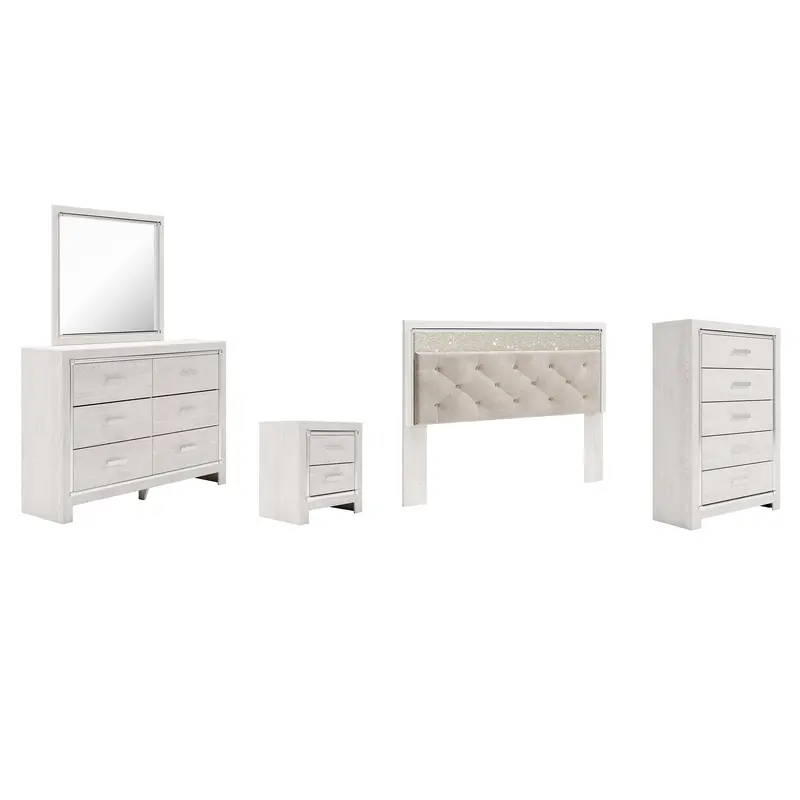 Altyra King Panel Headboard Bed with Mirrored Dresser, Chest and Nightstand