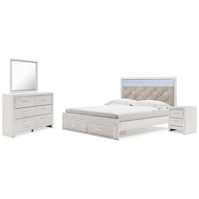 Altyra King Upholstered Storage Bed with Mirrored Dresser and Nightstand