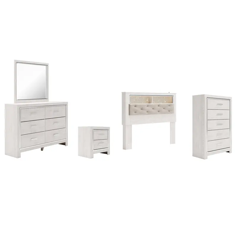 Altyra Queen Bookcase Headboard Bed with Mirrored Dresser, Chest and Nightstand