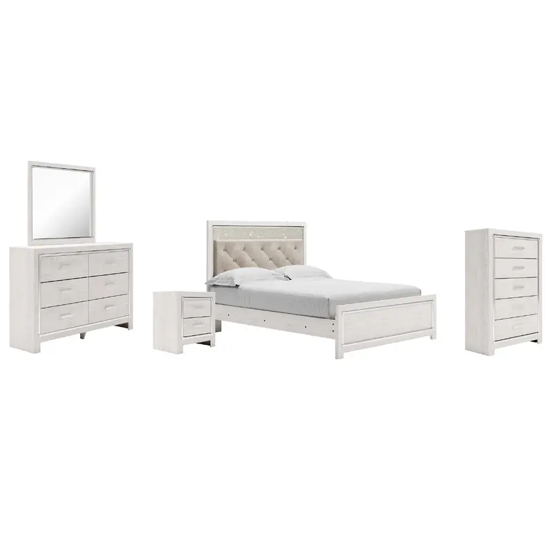 Altyra Queen Panel Bed with Mirrored Dresser, Chest and Nightstand