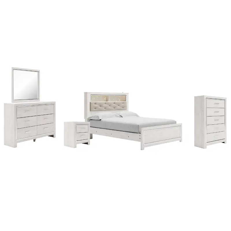 Altyra Queen Panel Bookcase Bed with Mirrored Dresser, Chest and Nightstand