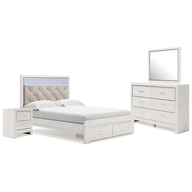 Altyra Queen Upholstered Storage Bed with Mirrored Dresser and Nightstand