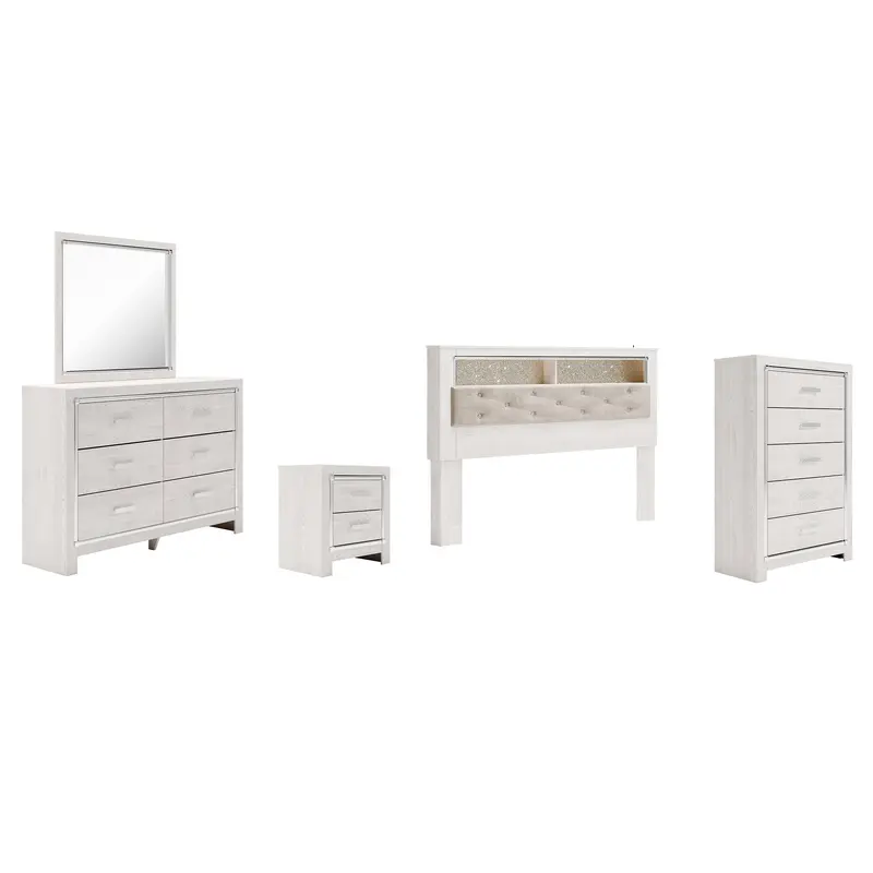 Altyra King Bookcase Headboard Bed with Mirrored Dresser, Chest and Nightstand